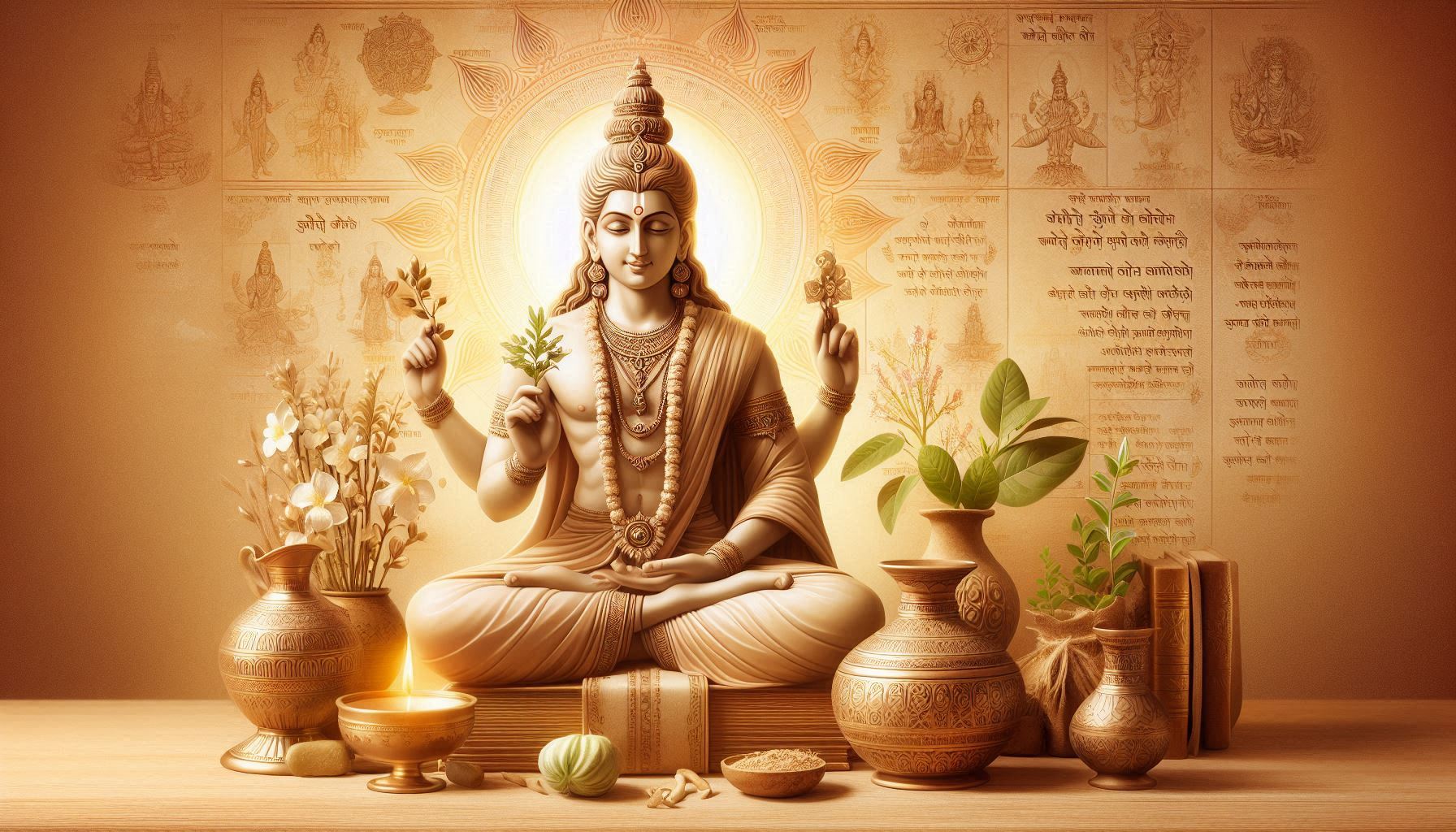 Lord Dhanvantari with healing herbs and divine light